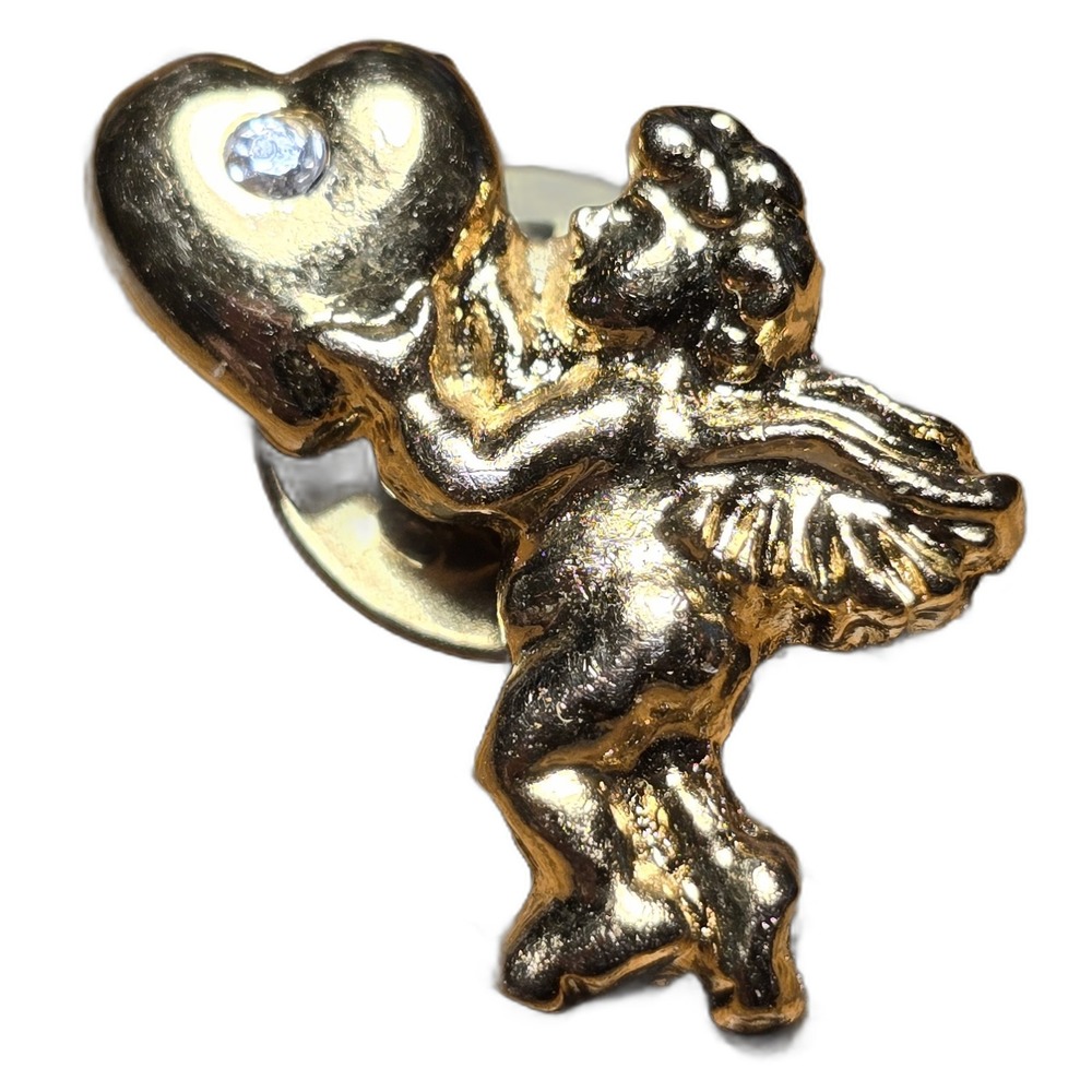 Gold Tone Cherub Angel Holding Pink Heart Rhinestone Lapel Vest Hat Pin C29